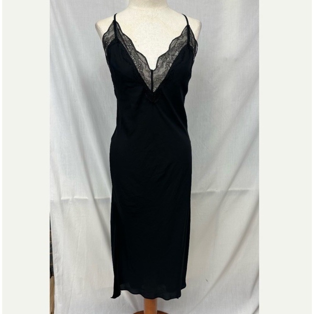 Victoria Secret Lingerie XL Chemise Sheer Black Lace Trim Midi Nightgown Sexy